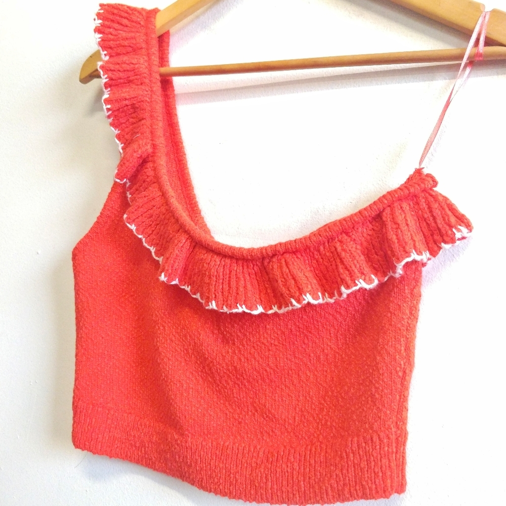 NEW Urban Outfitters Orange Molly Ruffle One Shoulder Crop L - Picture 5 of 9